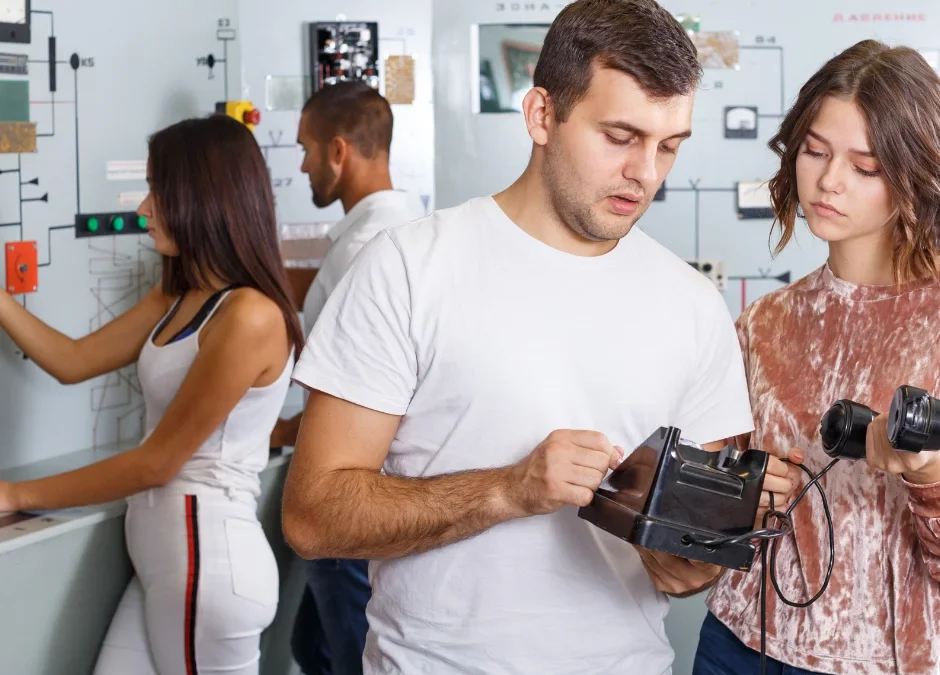 couple trying to solve a puzzle in an escape room date night