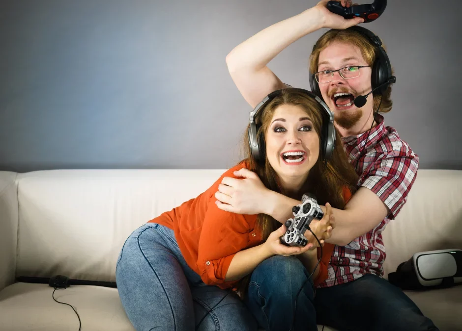 Gamer couple playing video games on a date as date ideas for gamers