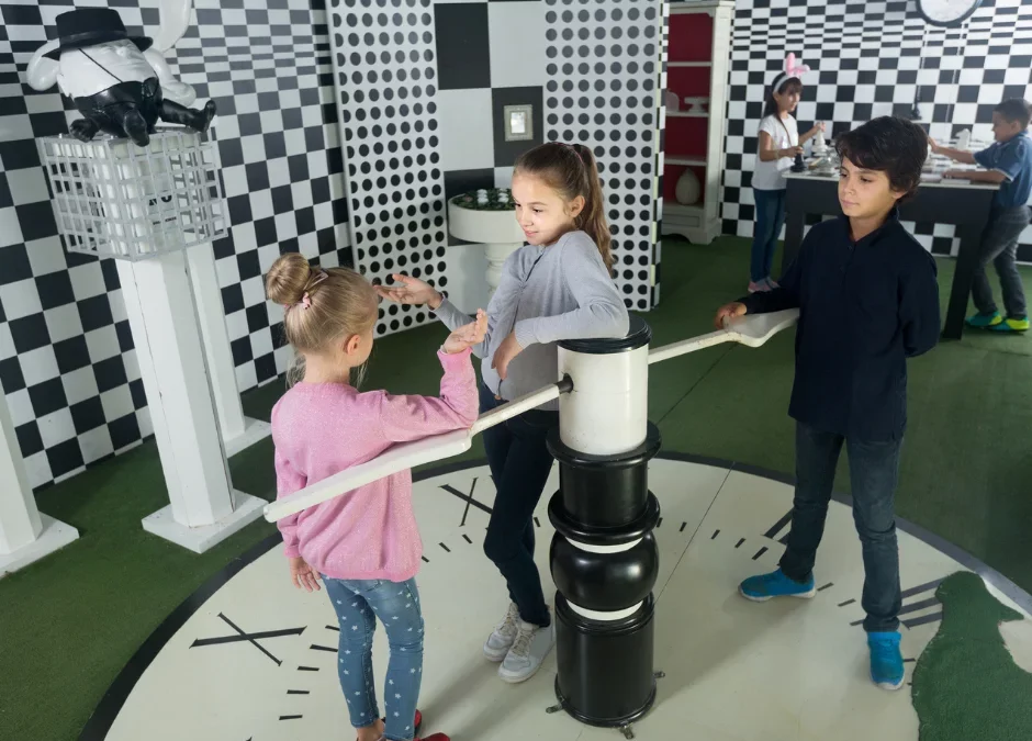 Three students inside educational escape rooms